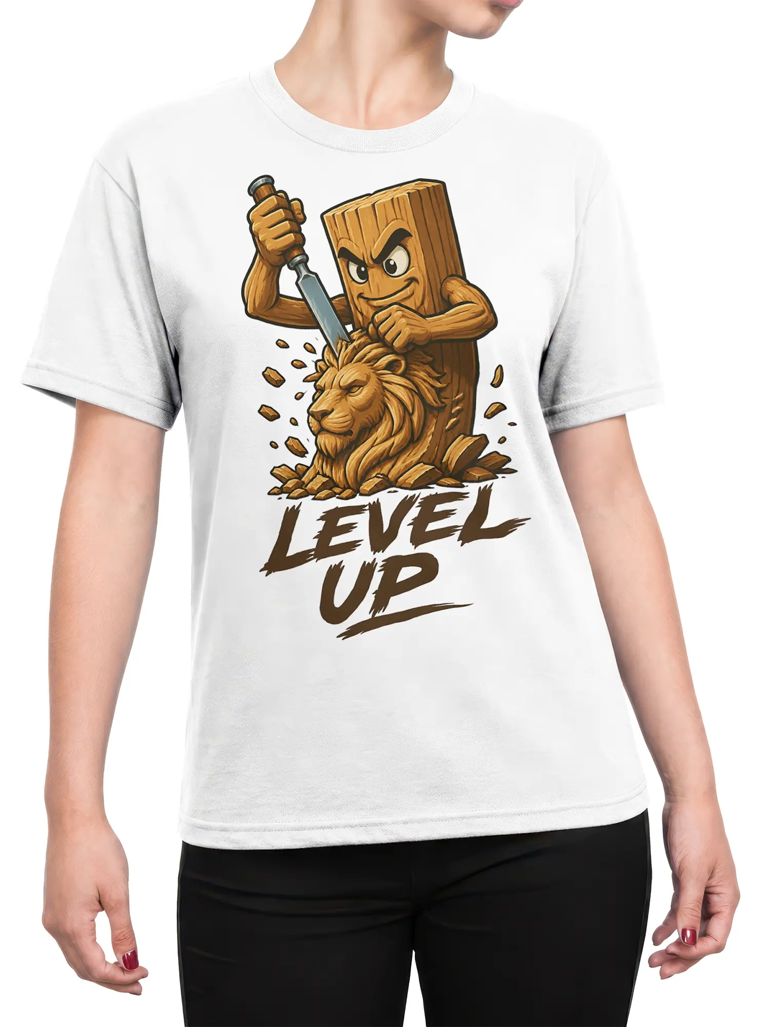 Female torso wearing a white T-shirt with a wooden lion carving and LEVEL UP graphic