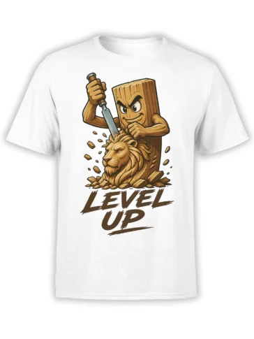 White T-shirt with a wooden character carving a lion and bold LEVEL UP lettering