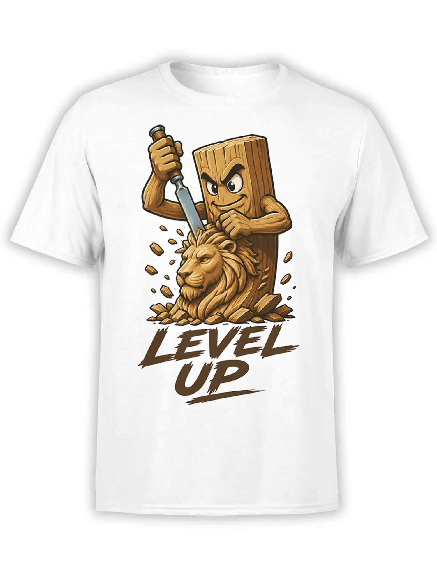 White T-shirt with a wooden character carving a lion and bold LEVEL UP lettering