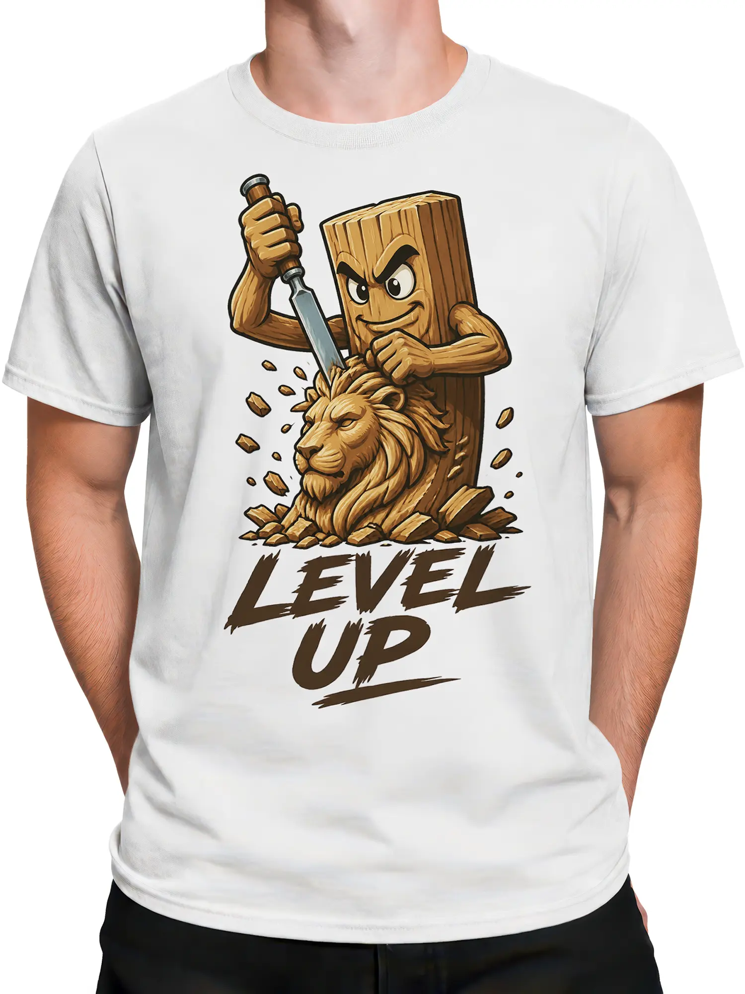 Male torso wearing a white T-shirt with lion carving and LEVEL UP artwork