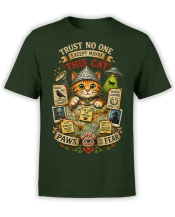 Orange tabby cat conspiracy design with UFO, alien clues, and bold vintage lettering on a dark green T-shirt