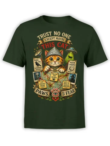 Orange tabby cat conspiracy design with UFO, alien clues, and bold vintage lettering on a dark green T-shirt
