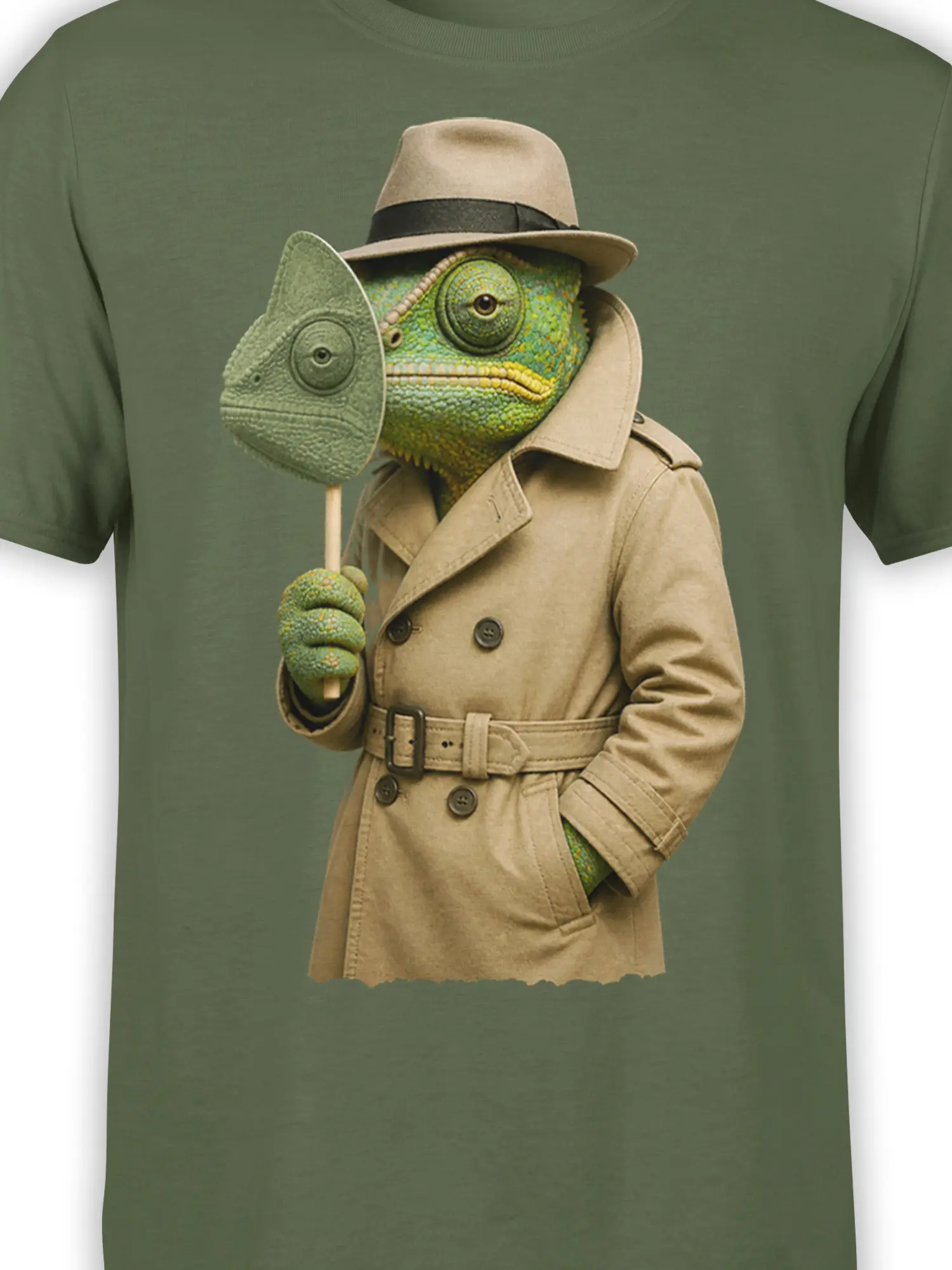 Close-up of the chameleon detective design with fedora, trench coat, and magnifying glass