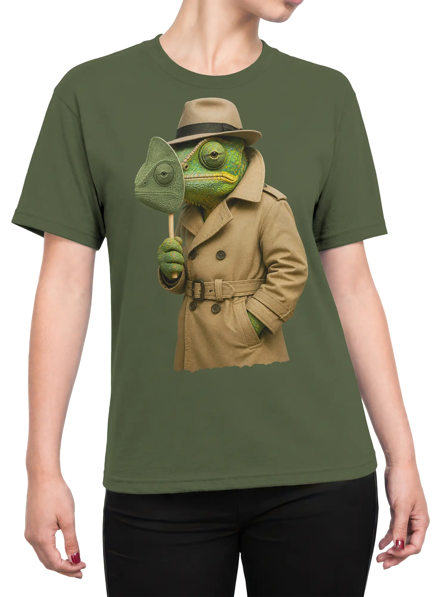 Female torso wearing an olive green chameleon detective graphic T-shirt