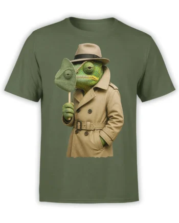 Chameleon detective wearing a fedora and trench coat on an olive green graphic T-shirt