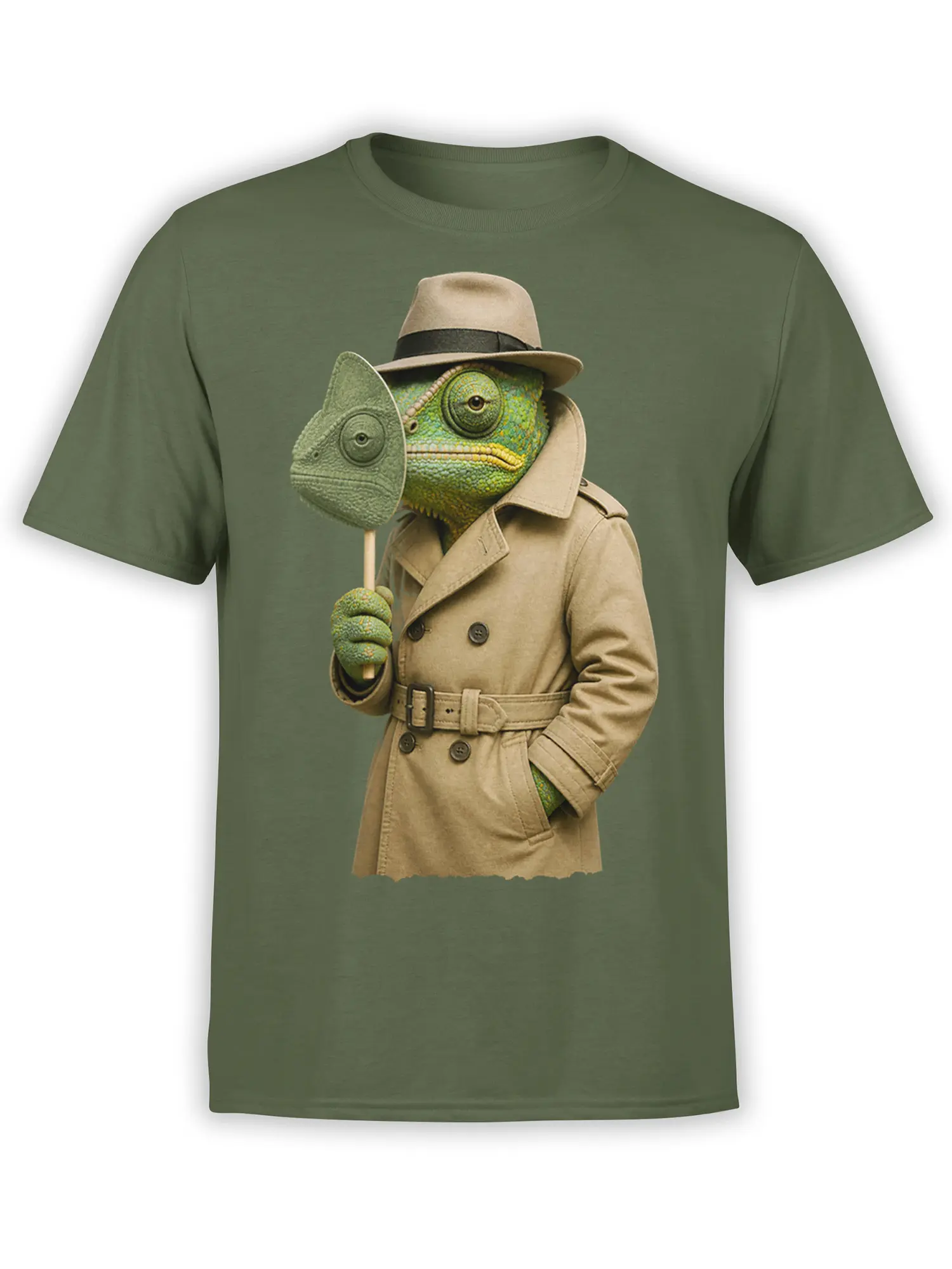 Chameleon detective wearing a fedora and trench coat on an olive green graphic T-shirt