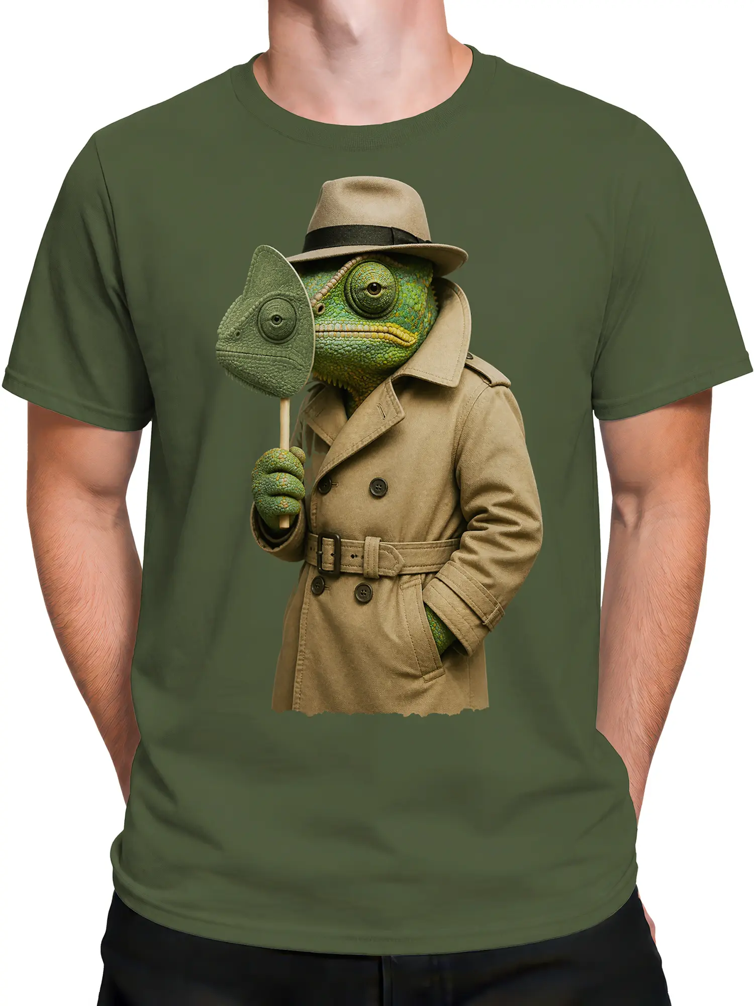 Male torso wearing an olive green chameleon detective graphic T-shirt