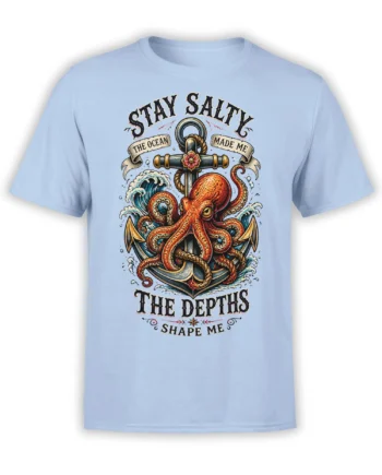 Red octopus wrapped around an anchor with waves and salty lettering on a light blue T-shirt