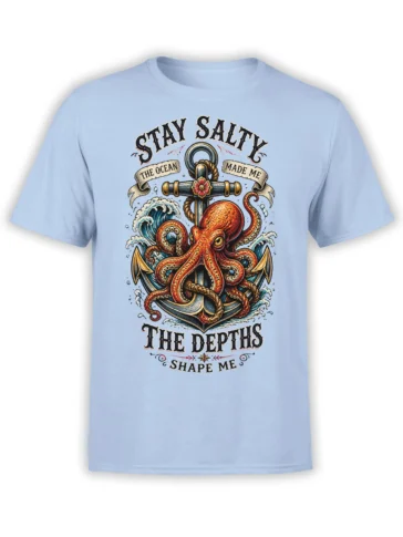 Red octopus wrapped around an anchor with waves and salty lettering on a light blue T-shirt