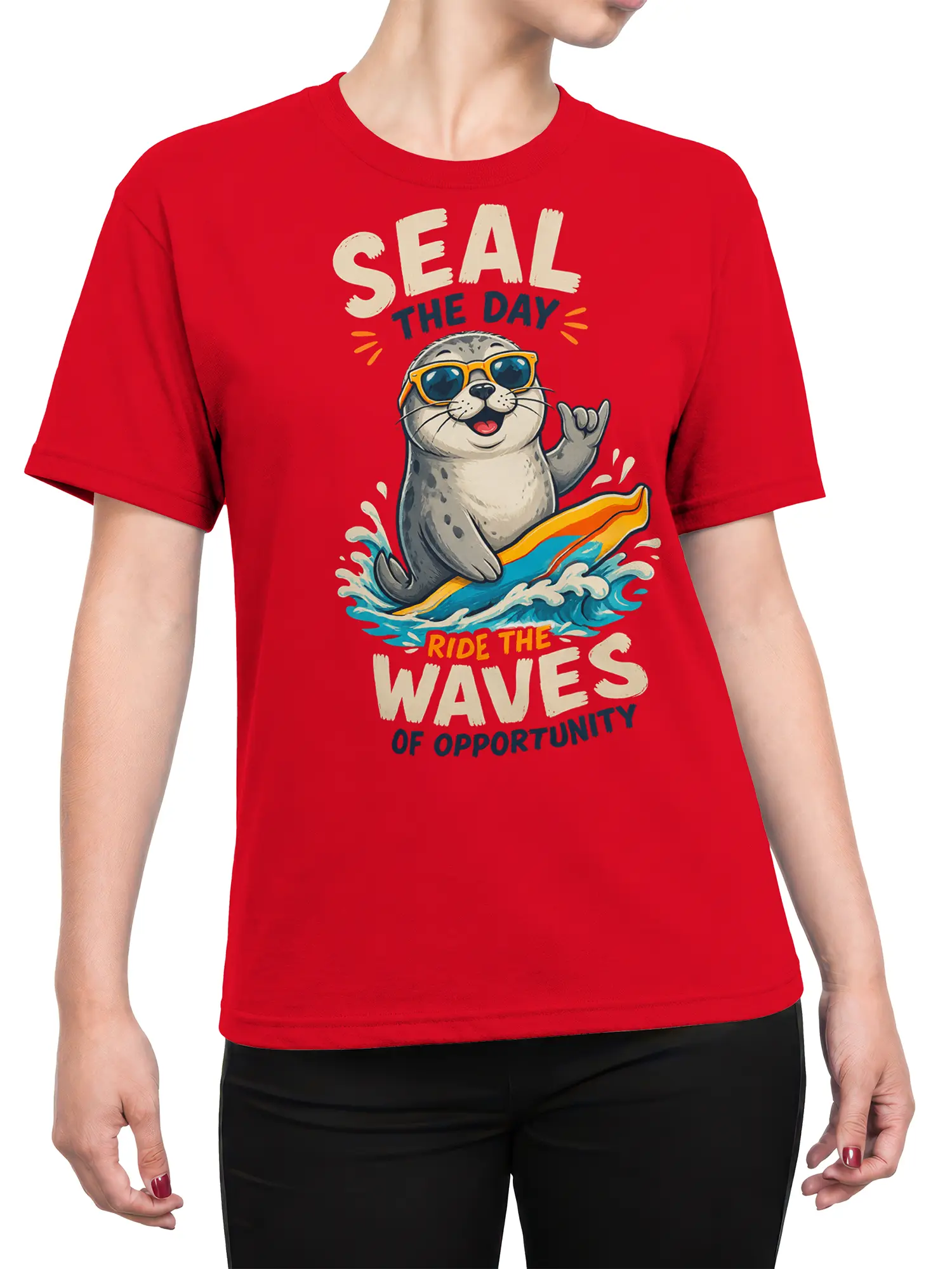Female torso wearing a red seal surfing T-shirt with colorful waves and bold “Seize the Day” artwork