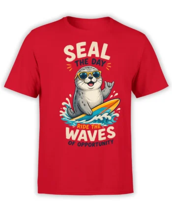 Red seal surfing T-shirt with yellow sunglasses, colorful waves, and “Seize the Day” lettering