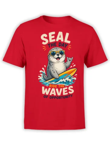 Red seal surfing T-shirt with yellow sunglasses, colorful waves, and “Seize the Day” lettering