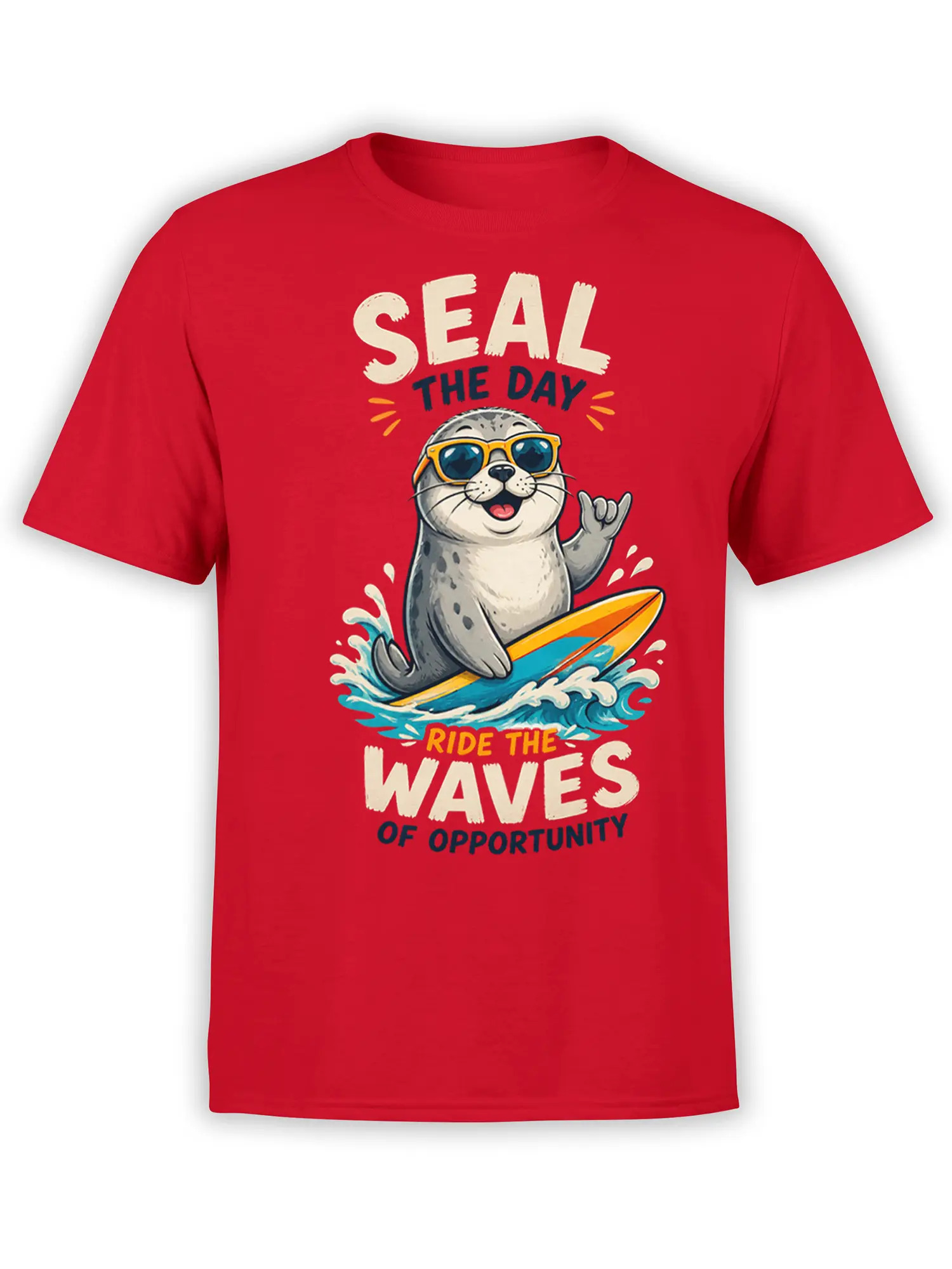 Red seal surfing T-shirt with yellow sunglasses, colorful waves, and “Seize the Day” lettering