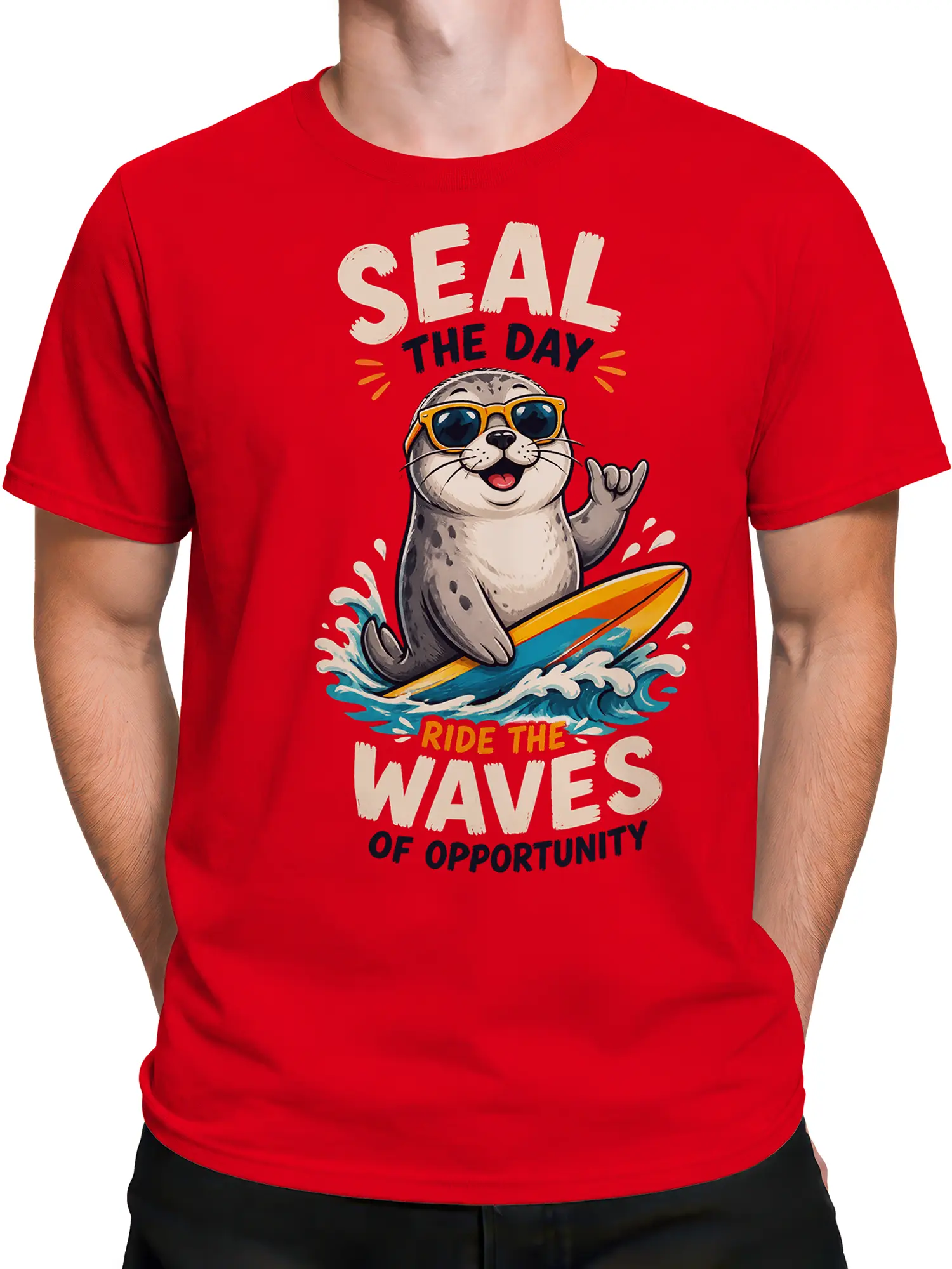 Male torso wearing a red seal surfing T-shirt with colorful wave artwork and “Ride the Waves” lettering