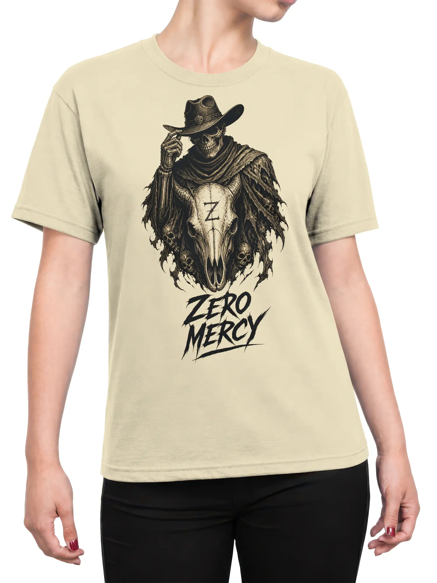 Female torso wearing a beige T-shirt with a bold horned cowboy skull and Zero Mercy design