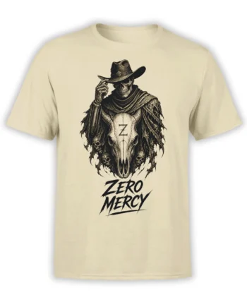 Beige T-shirt with a horned animal skull in a cowboy hat and bold Zero Mercy artwork