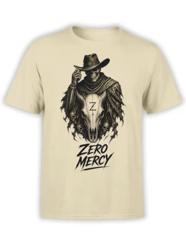 Beige T-shirt with a horned animal skull in a cowboy hat and bold Zero Mercy artwork
