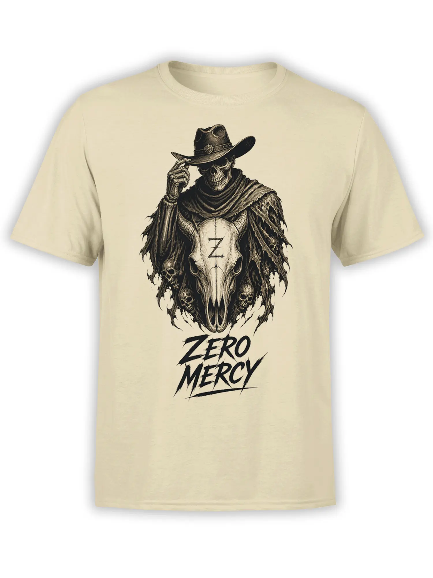 Beige T-shirt with a horned animal skull in a cowboy hat and bold Zero Mercy artwork