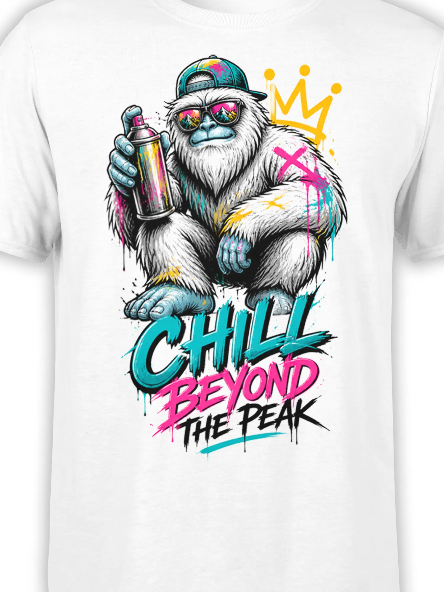 Close-up of graffiti gorilla artwork with sunglasses, spray can, crown, and bright lettering on a white shirt
