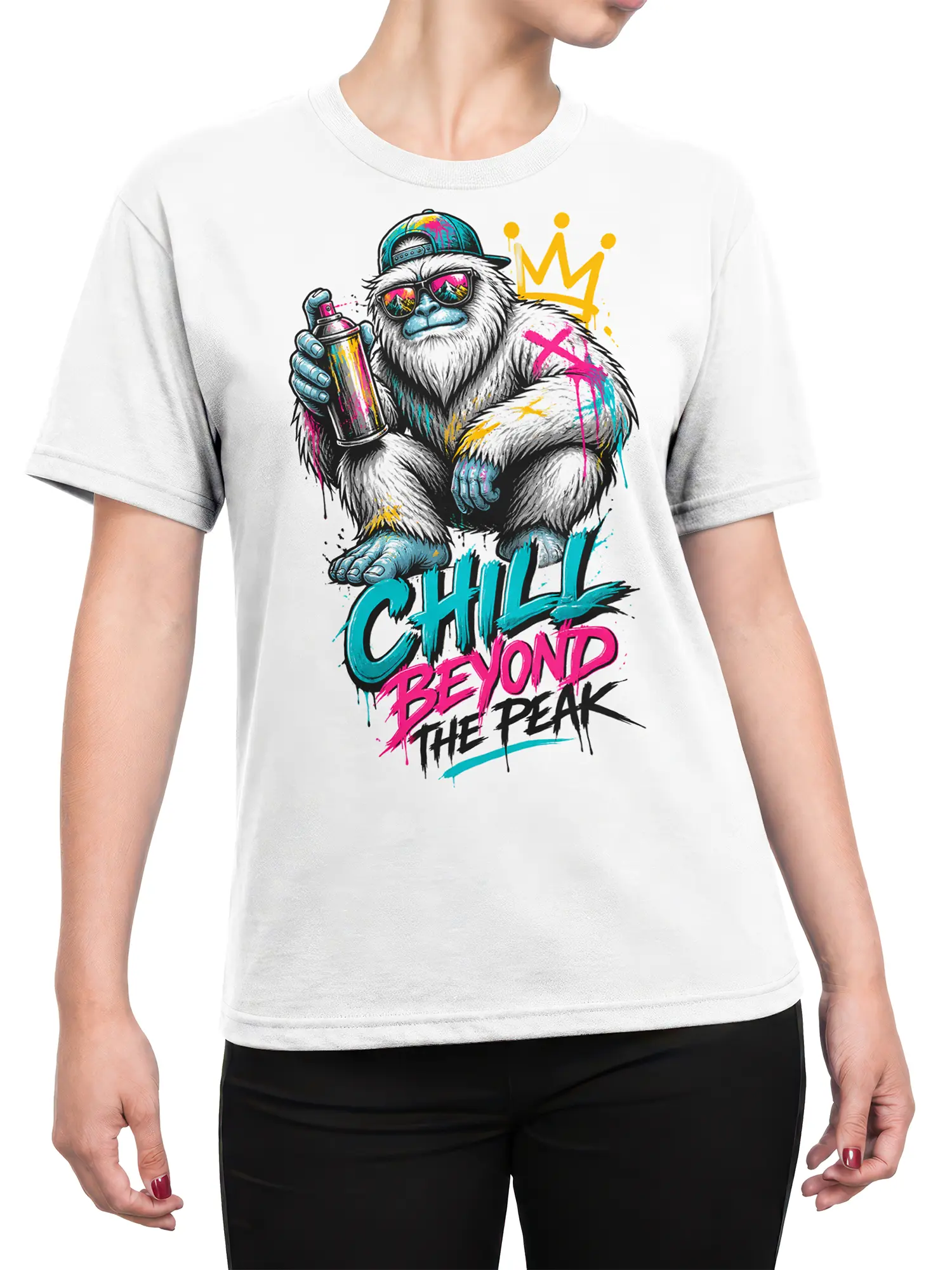 Female torso wearing a white gorilla graphic T-shirt with colorful graffiti artwork and Chill Beyond the Peak text