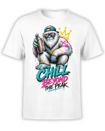 White gorilla graphic tee with sunglasses, spray can, crown, and colorful Chill Beyond the Peak lettering