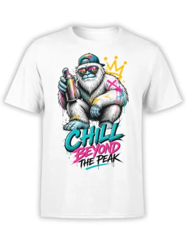 White gorilla graphic tee with sunglasses, spray can, crown, and colorful Chill Beyond the Peak lettering