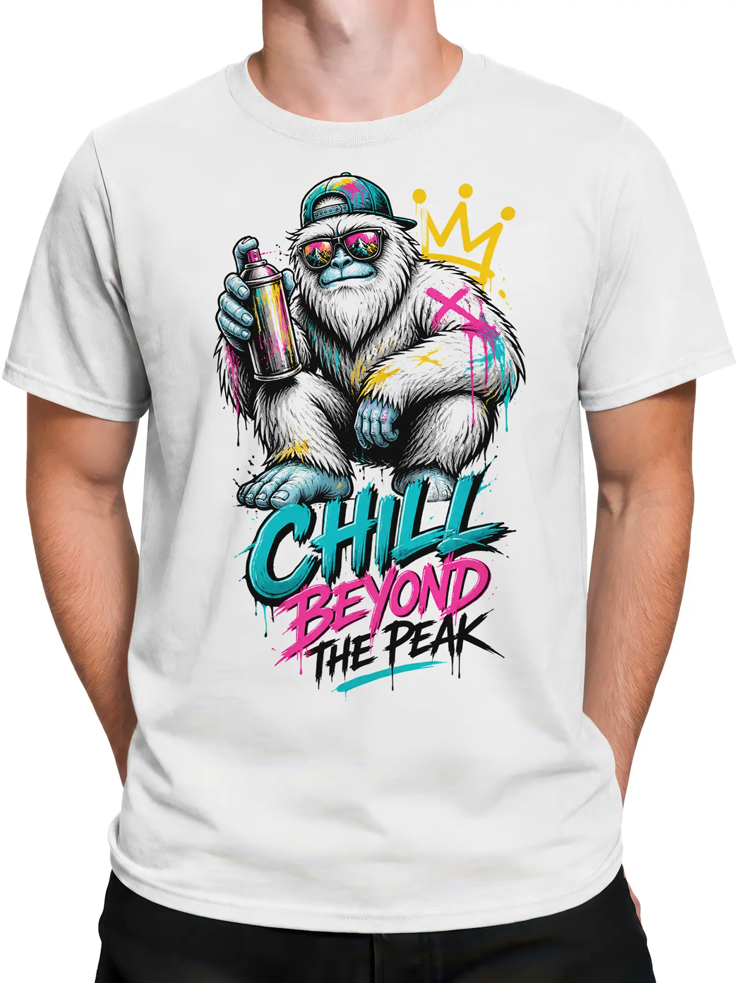 Male torso wearing a white graffiti gorilla T-shirt with spray paint artwork and colorful Chill Beyond the Peak lettering