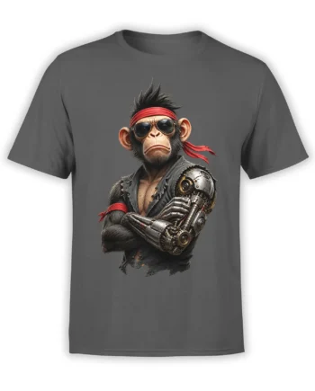 Cyborg monkey wearing sunglasses and a red headband on a gray graphic T-shirt