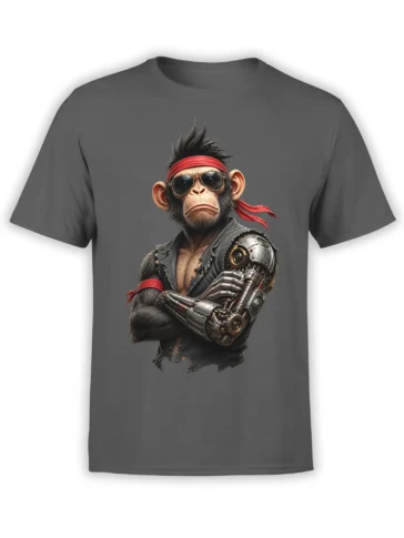 Cyborg monkey wearing sunglasses and a red headband on a gray graphic T-shirt