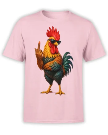 Colorful rooster wearing sunglasses and raising a wing on a pink graphic T-shirt
