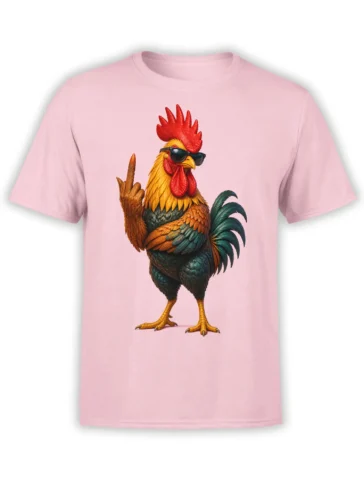 Colorful rooster wearing sunglasses and raising a wing on a pink graphic T-shirt
