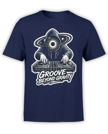 Navy DJ T-shirt with a cosmic hooded figure, turntables, planets, and “Groove Beyond Gravity” text