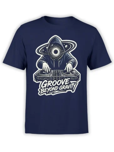 Navy DJ T-shirt with a cosmic hooded figure, turntables, planets, and “Groove Beyond Gravity” text