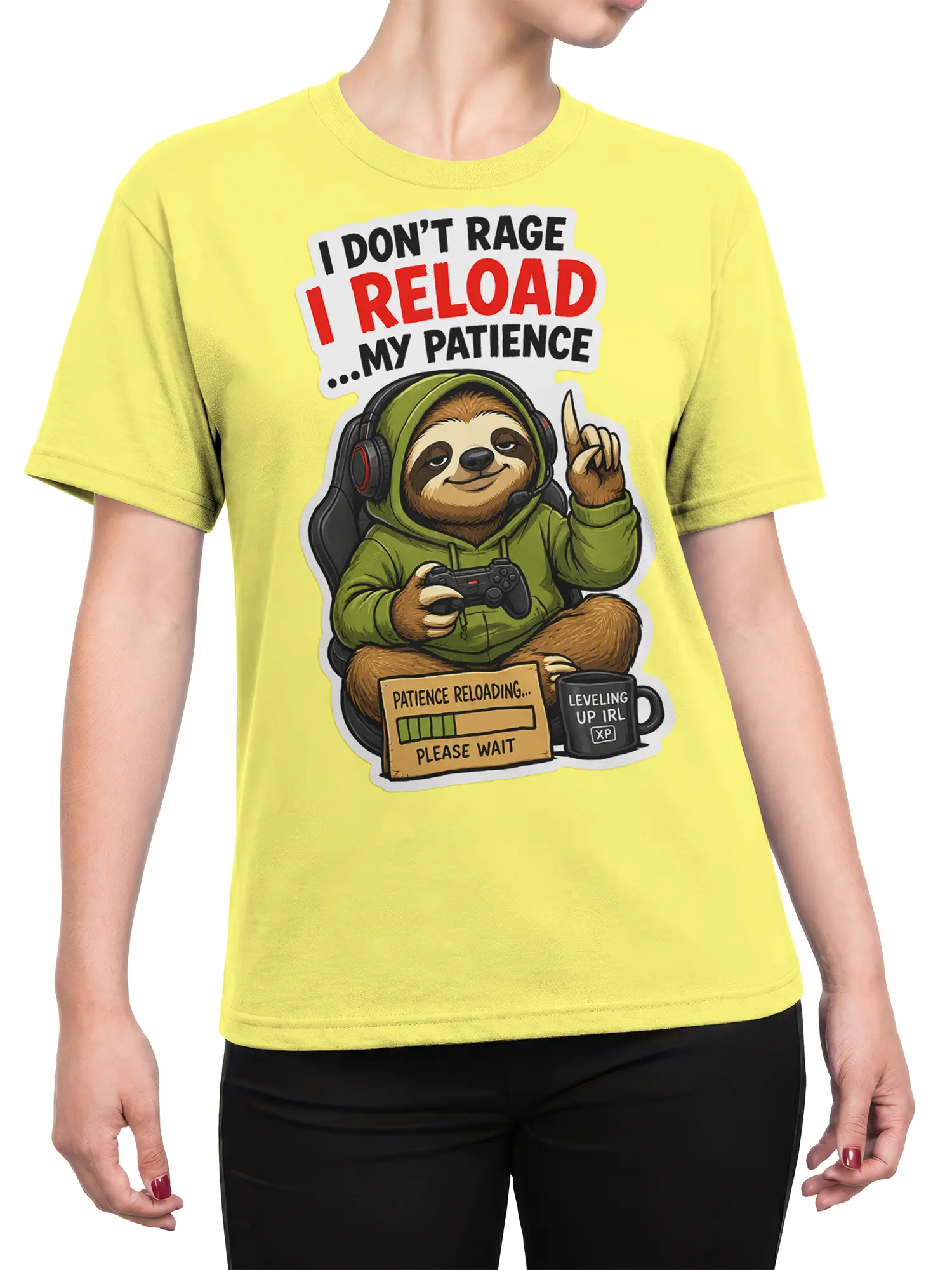 Female torso wearing a yellow sloth gamer T-shirt with a headset, controller, and patience reloading design
