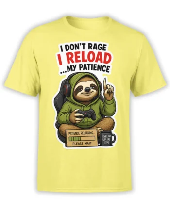 Yellow T-shirt with a relaxed sloth gamer wearing a headset and holding a controller beneath funny patience-loading text