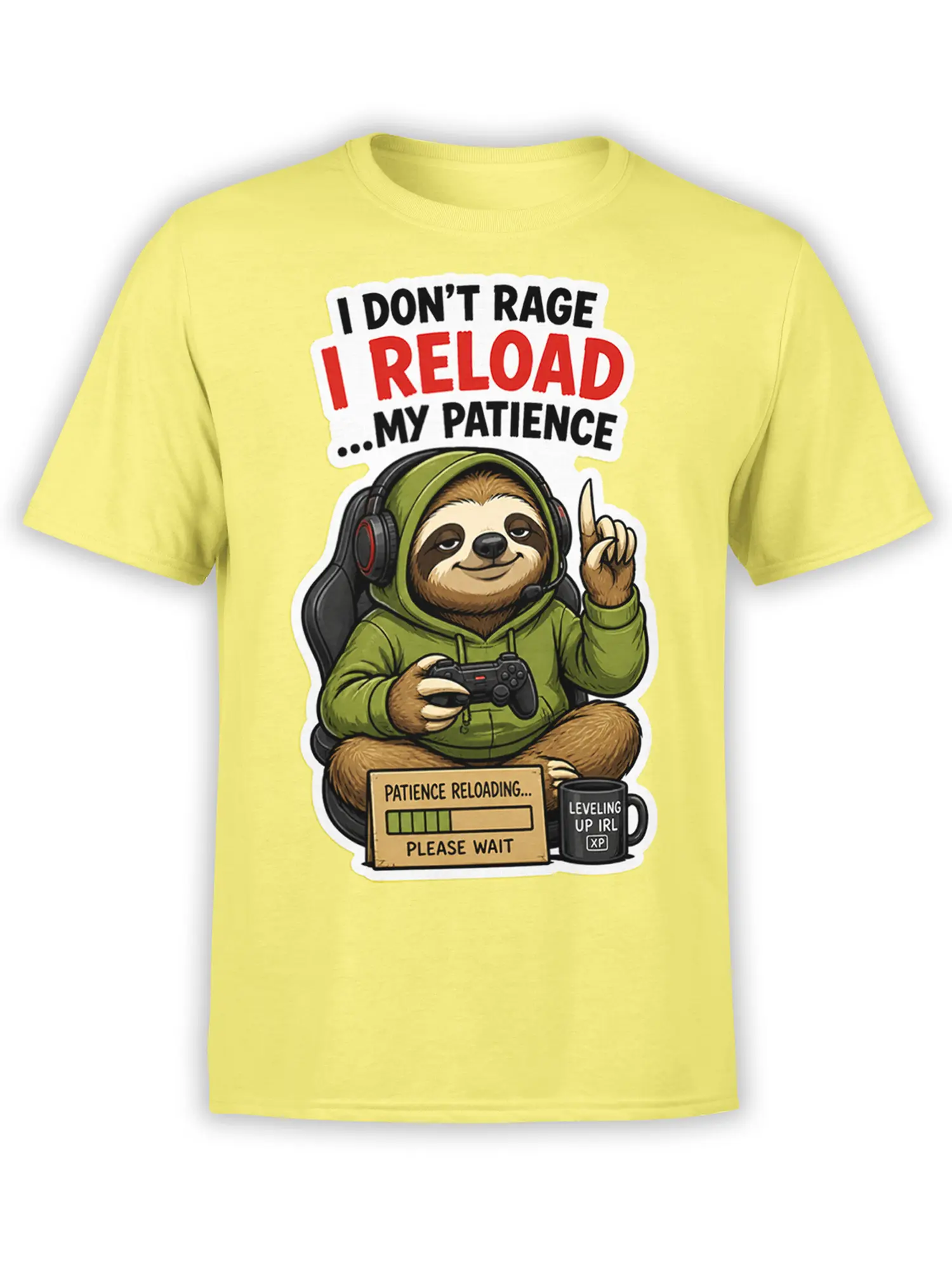 Yellow T-shirt with a relaxed sloth gamer wearing a headset and holding a controller beneath funny patience-loading text