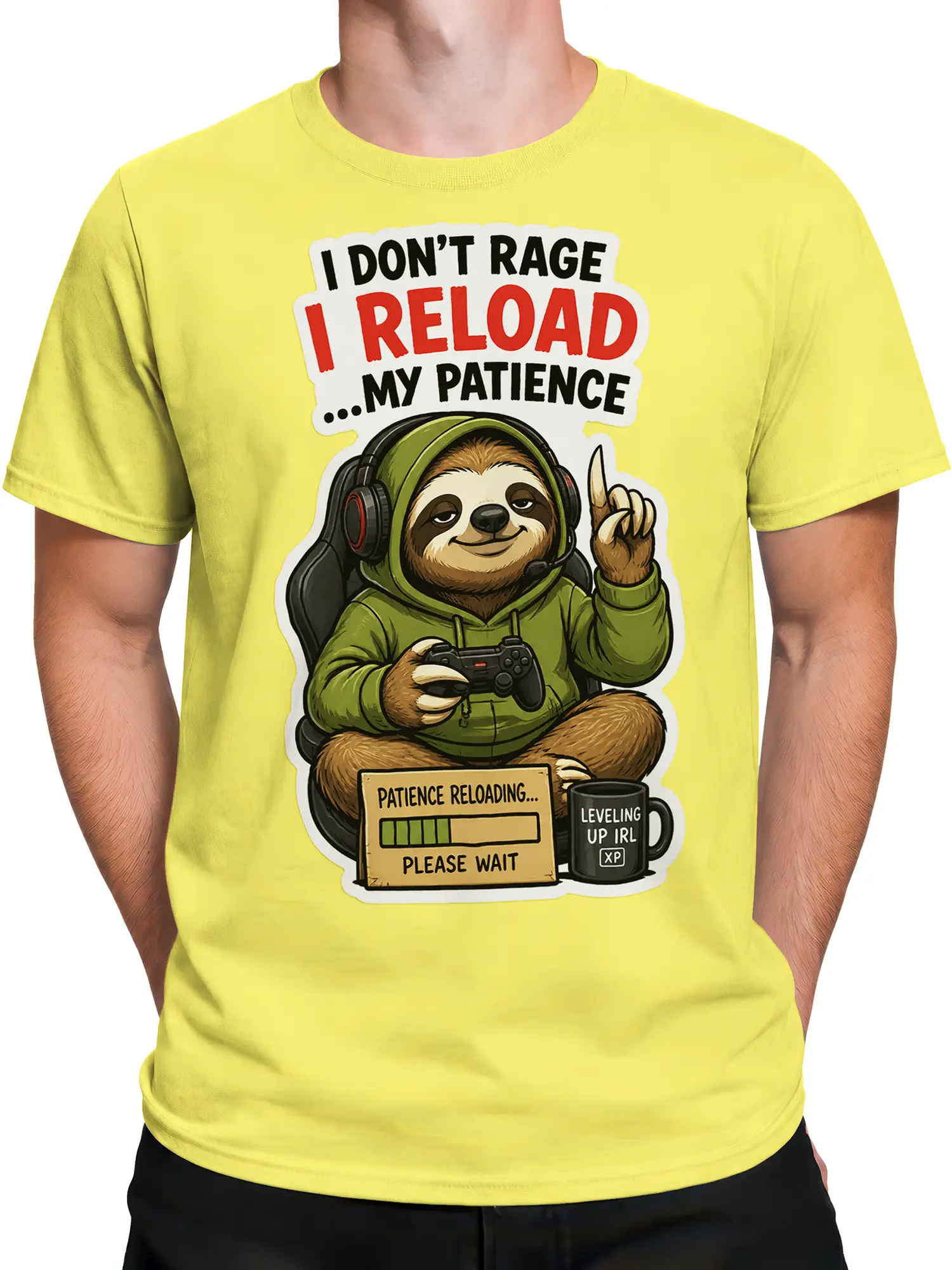 Male torso wearing a yellow gamer sloth T-shirt with controller, headset, and leveling up graphic