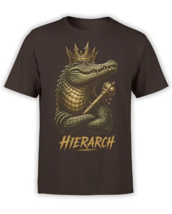 Crowned crocodilian holding a scepter on a brown Hierarch graphic T-shirt