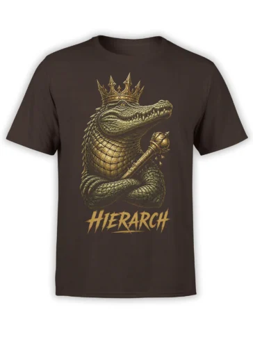 Crowned crocodilian holding a scepter on a brown Hierarch graphic T-shirt