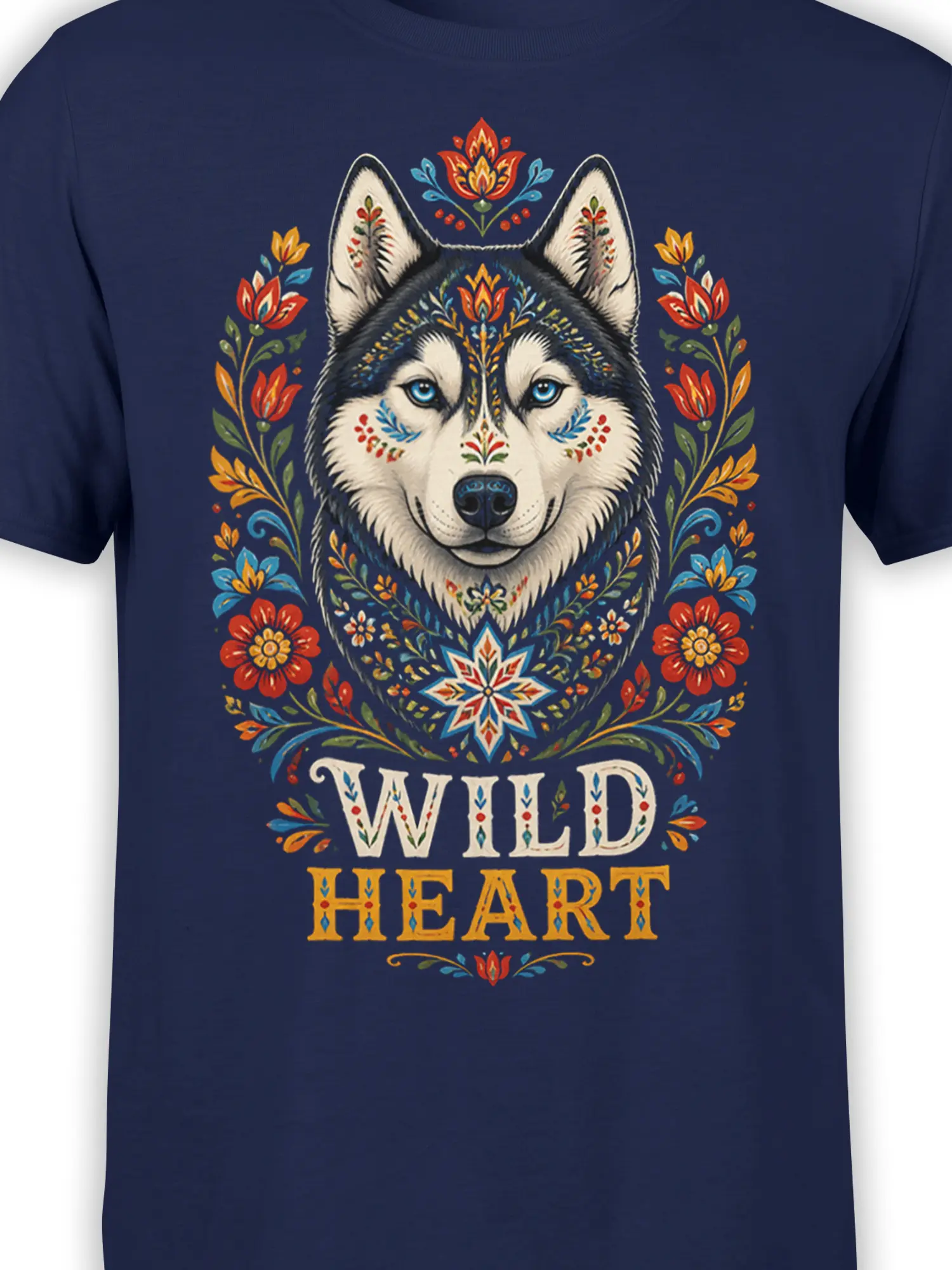 Close-up of the floral wolf artwork and WILD HEART lettering on the navy graphic T-shirt