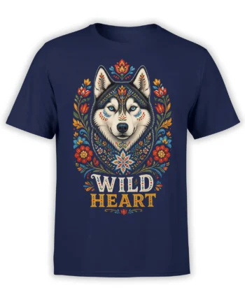Floral folk-art wolf graphic with WILD HEART lettering printed on a navy T-shirt