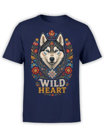 Floral folk-art wolf graphic with WILD HEART lettering printed on a navy T-shirt