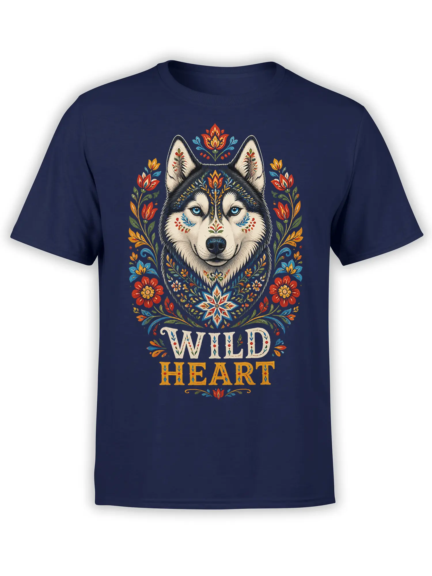 Floral folk-art wolf graphic with WILD HEART lettering printed on a navy T-shirt