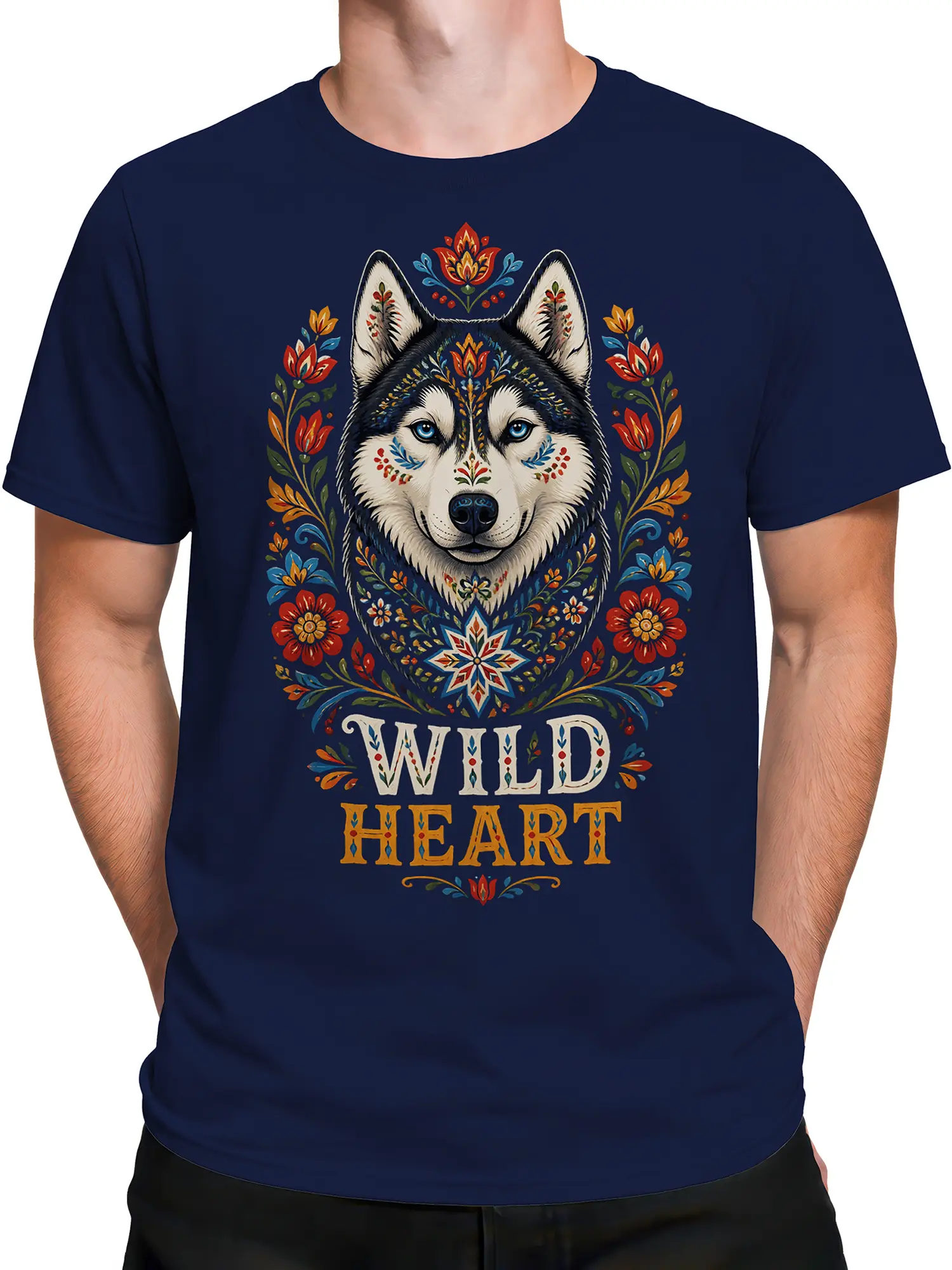 Male torso wearing a navy graphic T-shirt with a floral wolf and WILD HEART design