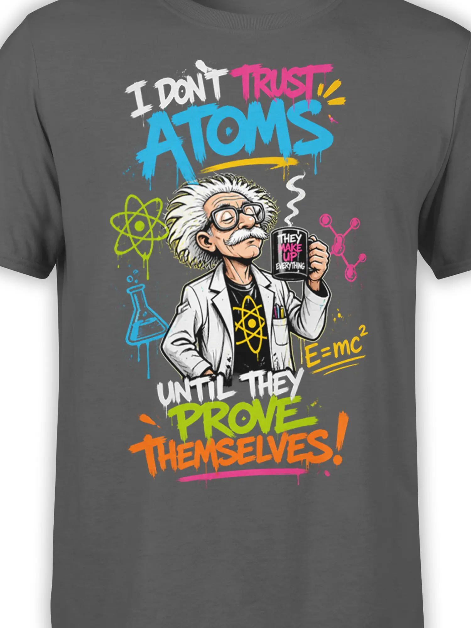 Close-up of skeptical physicist graphic with atom symbols, lab flask, equation, and bright lettering on gray fabric