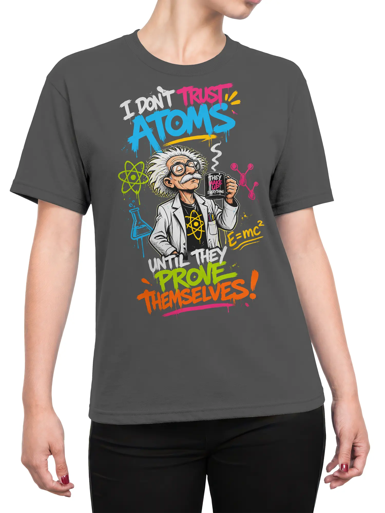 Female torso wearing gray T-shirt with colorful skeptical physicist and atomic science artwork