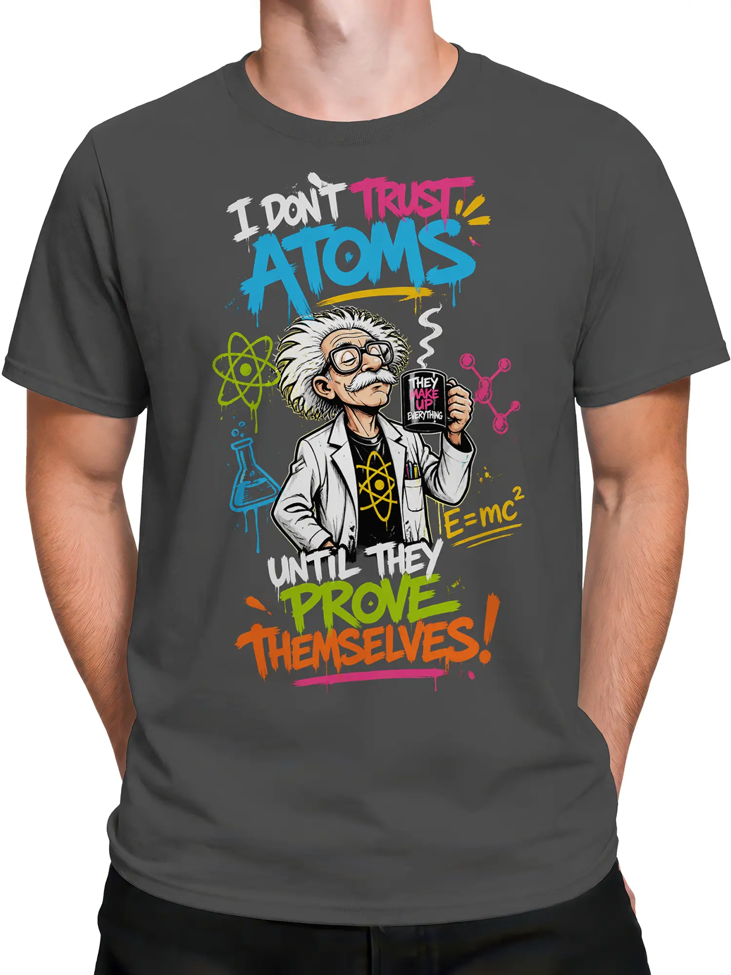 Male torso wearing gray T-shirt with colorful atomic physicist graphic and skeptical science lettering