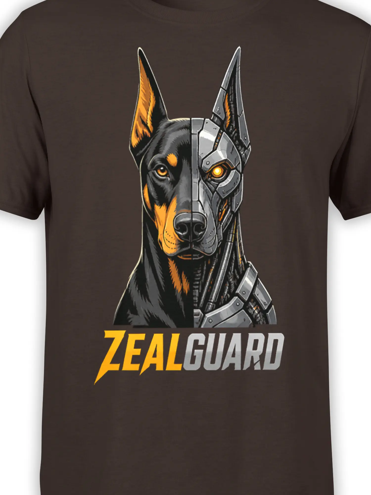Close-up of the split dog and robotic guardian design with glowing eyes and detailed silver armor on a brown shirt