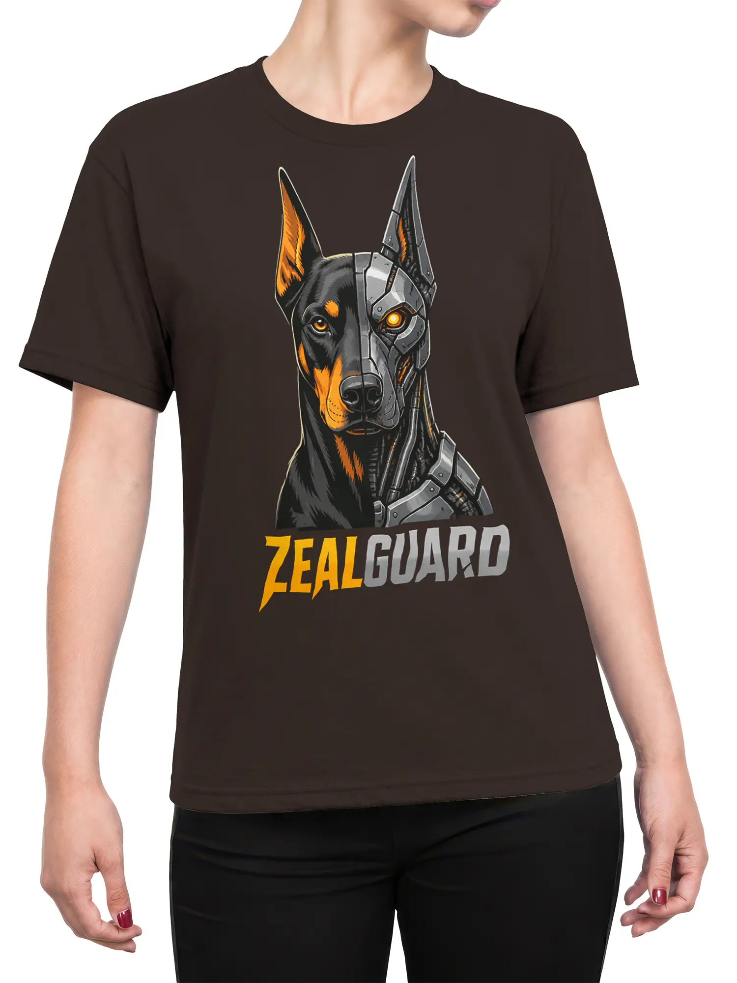 Female torso wearing a dark brown T-shirt with a cyberpunk dog and robotic guardian graphic