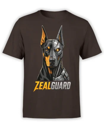 Cyberpunk dog guardian graphic with glowing eyes, silver armor, and bold lettering on a dark brown T-shirt
